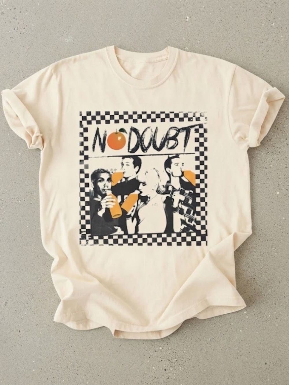 No Doubt Band Tee Gildan T-Shirt Cream Checkerboard Top